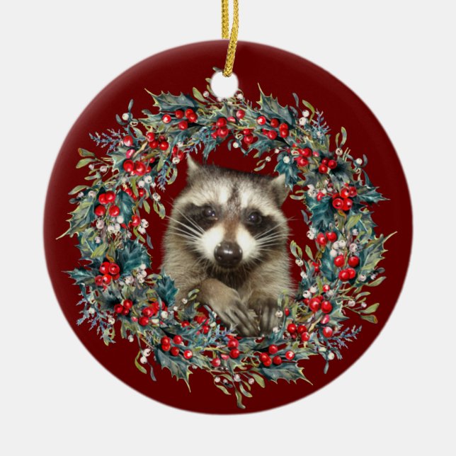 Décoration En Céramique Raccoon Wildlife lover Christmas Xmas wreath red (Devant)