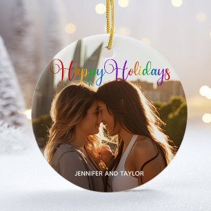 Décoration En Céramique Rainbow Happy Holidays LGBTQ Couple Photo