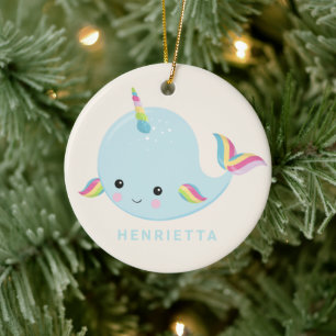 Décoration En Céramique Rainbow Narwhal Kawaii Motif Pastel Blue Name