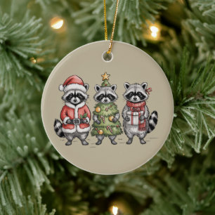 Décoration En Céramique Raton laveur de Noël Trio de la forêt Santa Arbre