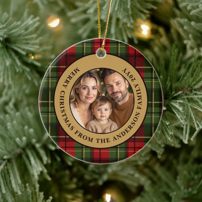 Décoration En Céramique Red And Green Plaid Custom Family Photo Christmas (Arbre)