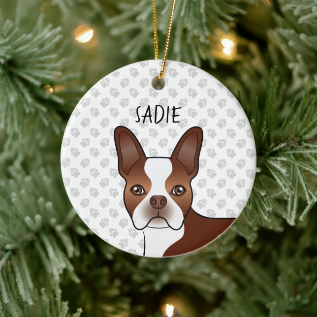 Décoration En Céramique Red Boston Terrier Cartoon Dog Head & Custom Name (Arbre)