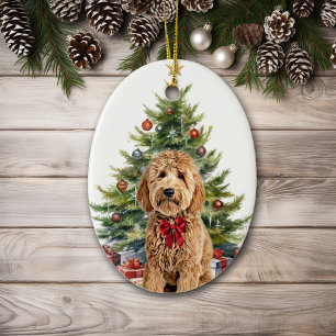 Décoration En Céramique Red Bow Goldendoodle Chien Noël