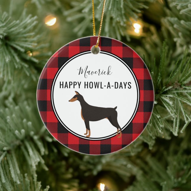 Décoration En Céramique Red Buffalo Plaid Custom Doberman Dog Orament (Arbre)