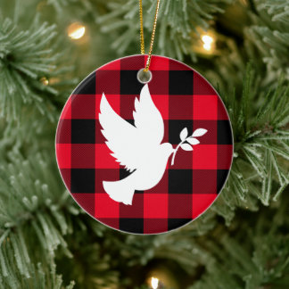Décoration En Céramique Red Buffalo Plaid et White Peace Dove