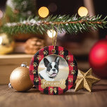 Décoration En Céramique Red Buffalo Plaid Pattern Gold Bow Family Photo<br><div class="desc">Add a cozy and warm charm to your Christmas tree with our family photo ornament featuring a cozy and warm red buffalo plaid pattern background. Circle photo frame with a festive faux gold bow. Customize with your family signature & family photo. Designed by Moodthology Papery</div>