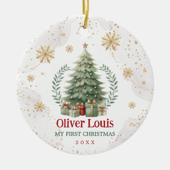 Décoration En Céramique Red Green Gold Snowflake Baby 1er Noël (Devant)