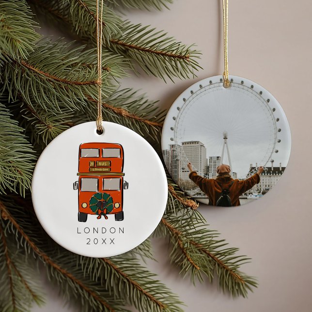 Décoration En Céramique Red London Double Decker Bus Photo de Noël (Red London Double Decker Bus Christmas Photo Ceramic Ornament)