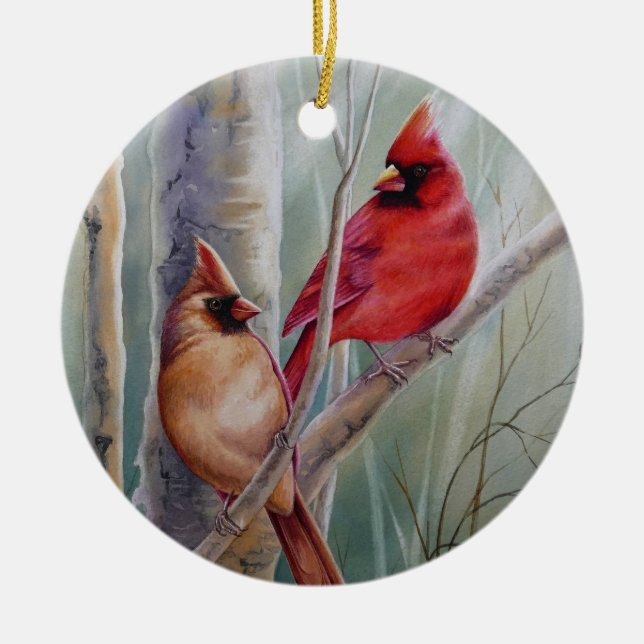 Décoration En Céramique Red Northern Cardinal Bird Pair Aquarelle Art (Devant)