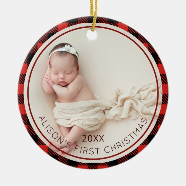 Décoration En Céramique Red Plaid Baby Photo Baby 1er Noël du bébé (Devant)