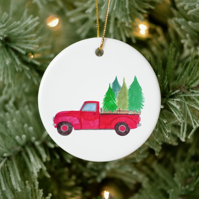 Décoration En Céramique Red retro Pickup Truck with trees (Arbre)