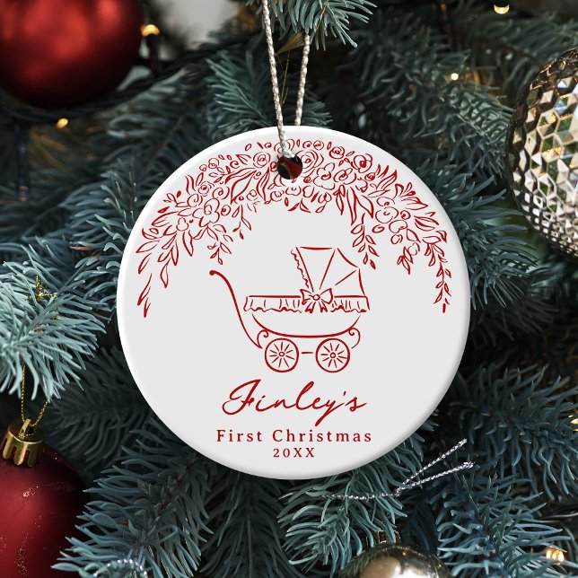 Décoration En Céramique Red Whimsical Stroller Baby's First Christmas (Red Whimsical Stroller Baby's First Christmas Ceramic Ornament)