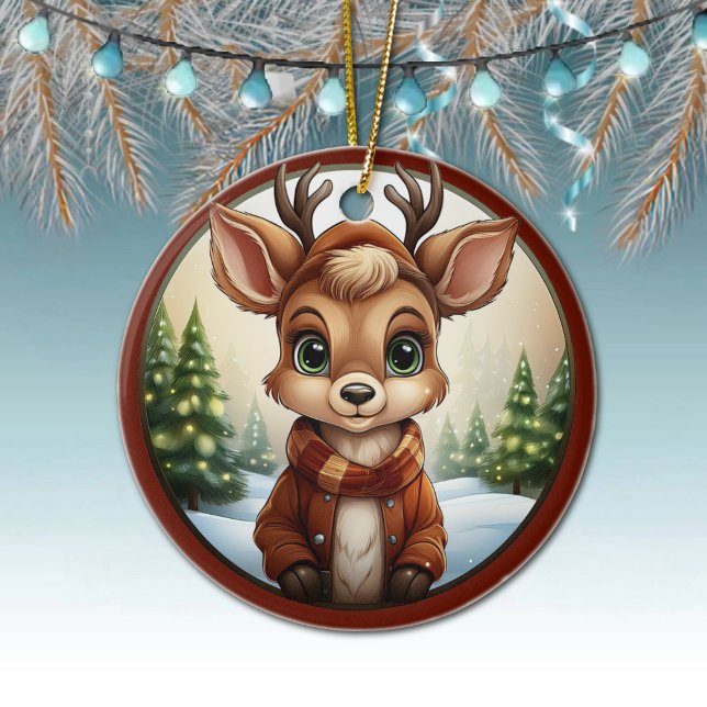 Décoration En Céramique Reindeer mignonne, Antlers de cerfs, 🦌 d'animaux  (Cute Deer, Fawn, Doe Winter Christmas Trees Green Framed Xmas Holiday Snow Ornament Front/Back 🦌🎄)