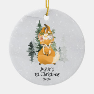 Décoration En Céramique Renard de la forêt hivernale Maman Bébé 1er Noël