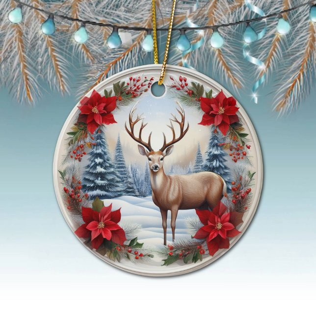 Décoration En Céramique Rennes uniques, Scène Hiver Poinsettias, 🦌 cerfs (Reindeer, Deer Antlers, Floral Fawn, Doe, Poinsettia Flowers Winter Scene Ornament Front/Back 🦌🎄)