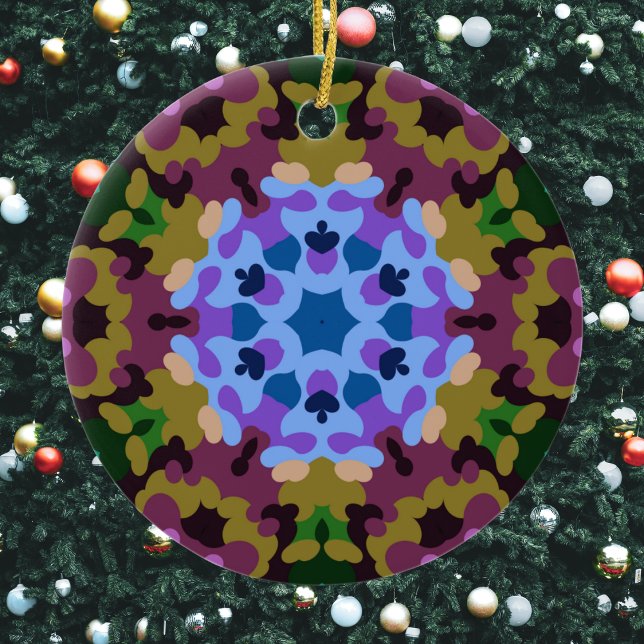 Décoration En Céramique Rétro Mandala bleu violet et jaune (Blue Purple and Yellow Retro Mandala Ornament by Wormhole Orbital)
