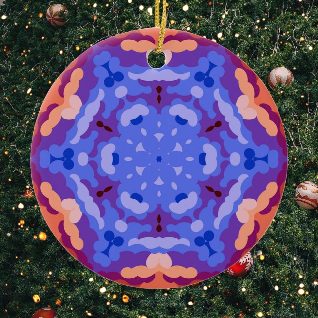 Décoration En Céramique Rétro Mandala bleu violet et rouge (Blue Purple and Red Retro Mandala Ornament by Wormhole Orbital)