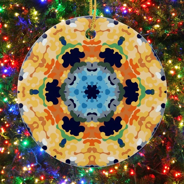 Décoration En Céramique Rétro Mandala jaune bleu et orange (Yellow Blue and Orange Retro Mandala Ornament by Wormhole Orbital)