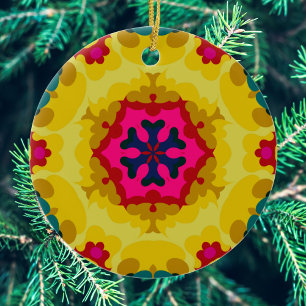 Décoration En Céramique Rétro Mandala jaune bleu et rose