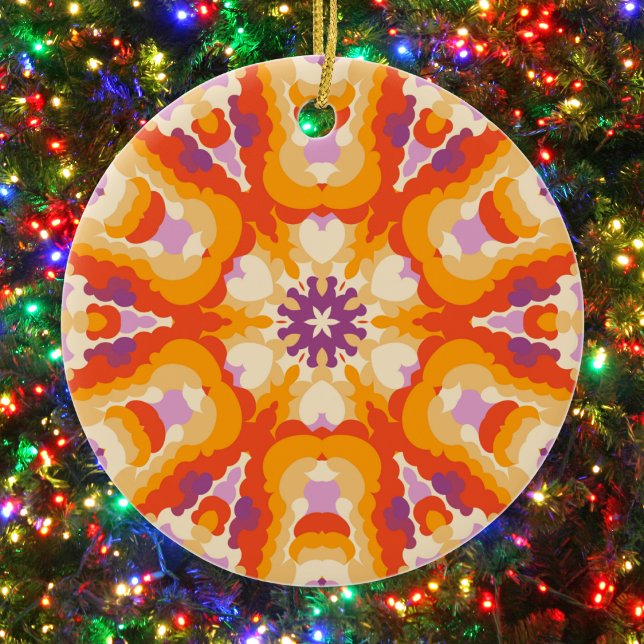 Décoration En Céramique Rétro Mandala rouge orange violet et jaune (Red Orange and Purple Retro Mandala Ornament by Wormhole Orbital)