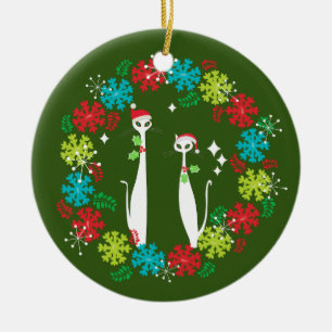 Décoration En Céramique Retro Mid Century Modern Cool Cat Christmas Wreath