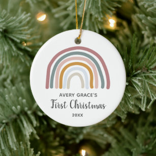 Décoration En Céramique Retro Rainbow Personnalisé Baby's First Christmas