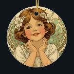 Décoration En Céramique retro vintage child with flowers<br><div class="desc">Illustration art nouveau d'une enfant avec des fleurs blanches dans les cheveux,   dans un cadre ornementé de rinceaux</div>