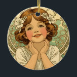 Décoration En Céramique retro vintage child with flowers<br><div class="desc">Illustration art nouveau d'une enfant avec des fleurs blanches dans les cheveux,   dans un cadre ornementé de rinceaux</div>