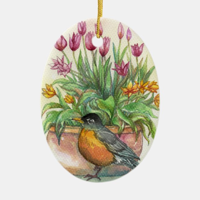 Décoration En Céramique Robin et Tulipes (Devant)
