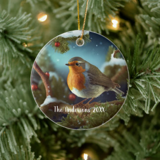 Décoration En Céramique Robin personnalisé sur un arbre recouvert de neige