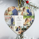 Décoration En Céramique Romantic Couple Photo Collage Coeur Noël<br><div class="desc">Ce magnifique cadeau de Noël en forme de coeur de couple marié a une disposition classe de 5 photos mariages sur un arrière - plan blanc avec les noms, l'emplacement et la date du couple marié. Un merveilleux cadeau de vacances commémoratif en photo pour votre femme ou votre mari au...</div>