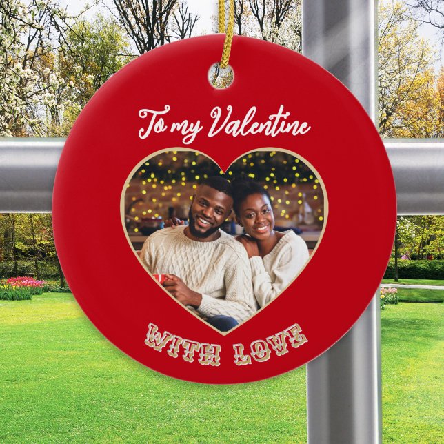 Décoration En Céramique Romantic Valentine's Day Couple Photo Personalized (A Valentine's ornament with custom photo in a heart 'frame' and personalized message on the back)