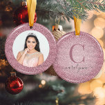 Décoration En Céramique Rose chic | Rose Parties scintillant or Monogramme<br><div class="desc">Rose pâle | Rose Parties scintillant or Monogramme ornement photo avec espace pour votre photo et monogramme personnalisé. Parfait pour votre anniversaire ou votre quinceanera !</div>