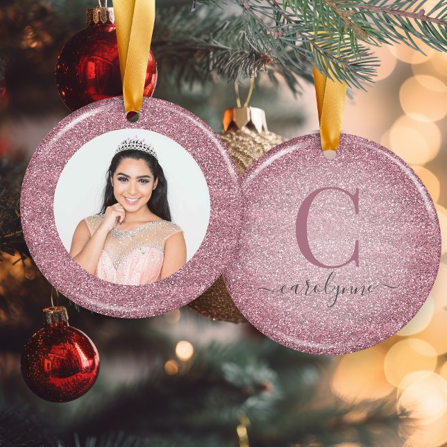 Décoration En Céramique Rose chic | Rose Parties scintillant or Monogramme (Chic Blush Pink | Rose Gold Glitter Monogram Photo Ceramic Ornament)