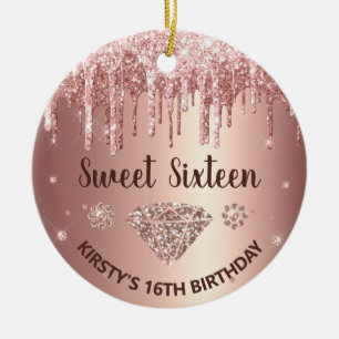 Décoration En Céramique Rose Gold Glitter Drip Diamond Sweet Sixteen