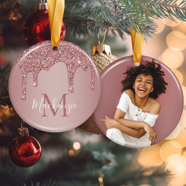 Décoration En Céramique Rose Parties scintillant de goutte d'or Monogramme (Rose Gold Dripping Glitter Monogram Photo Ceramic Ornament)