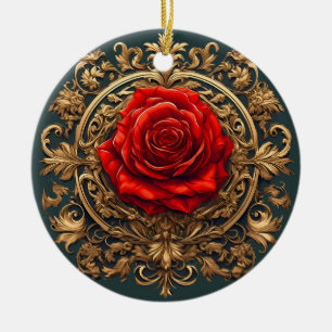 Décoration En Céramique Rose rouge ornée avec cadre baroque doré