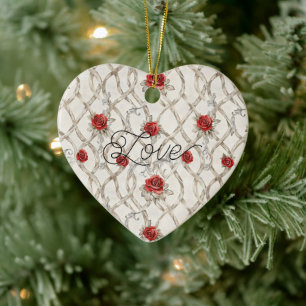 Décoration En Céramique Roses Rouges Faux Bois Floral Noël