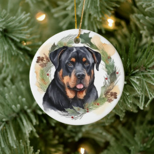 Décoration En Céramique Rottweiler Christmas Wreath Festive Pup