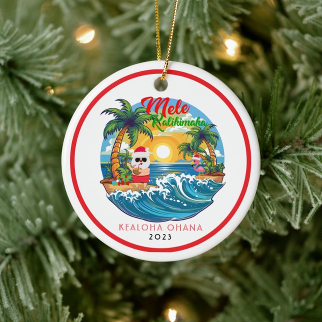 Décoration En Céramique Rouge blanc Mele Kalikimaka Père Noël Surf Hawaïen (Arbre)