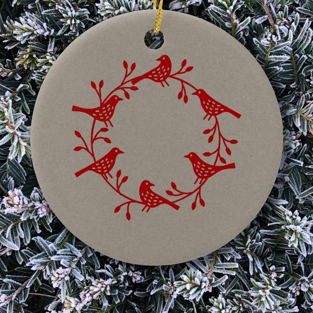 Décoration En Céramique Rouge de couronne d'oiseaux sur Scandi moderne neu (Red bird wreath Scandinavian Christmas ornament)