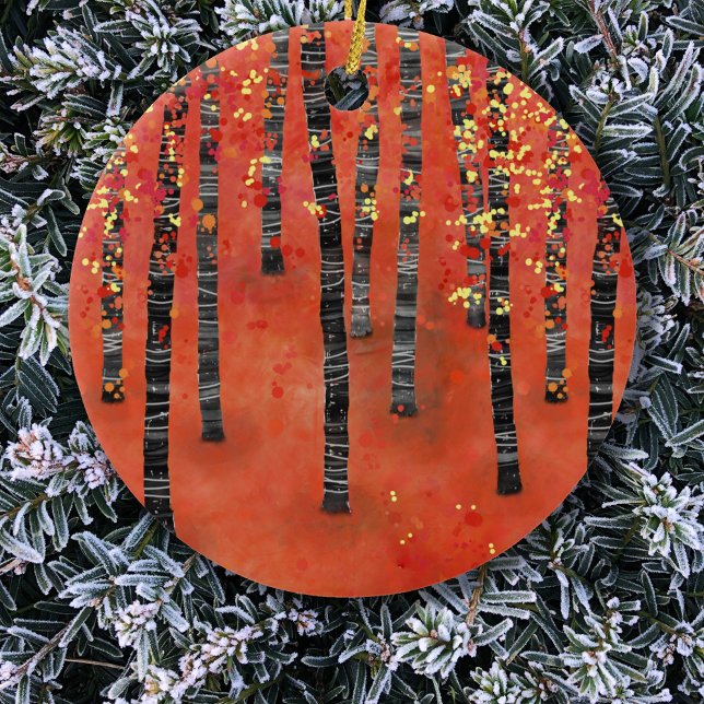 Décoration En Céramique Rouge de la forêt de Birch (Birch aspen tree forest art red ceramic Christmas ornament)