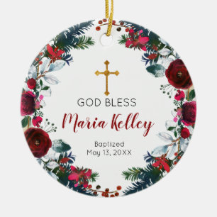 Décoration En Céramique Rouge Floral Bourgogne Personnalisé Fille Baptême