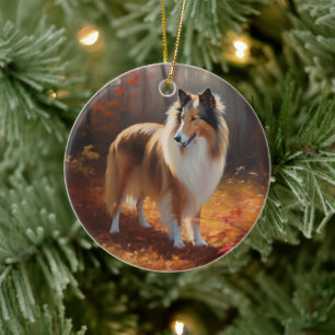 Décoration En Céramique Rough Collie dans les feuilles d'automne qui tombe