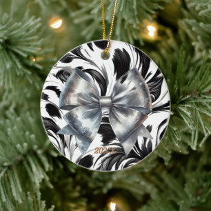 Décoration En Céramique Ruban métallisé argent accents noir et blanc