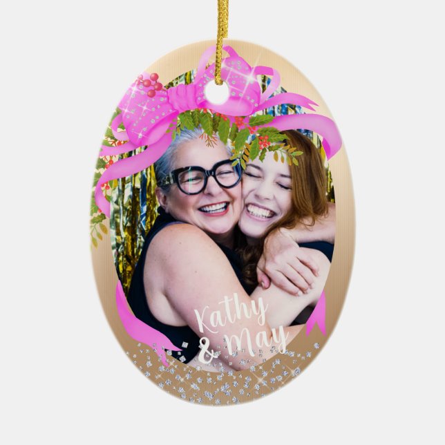 Décoration En Céramique Ruban rose brillant Photo de Noël Or (Devant)