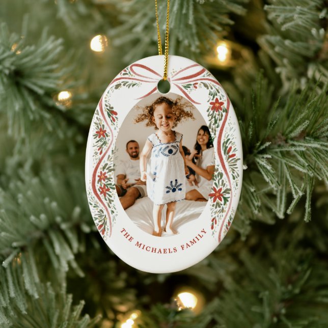 Décoration En Céramique Ruban rouge festif avec Poinsettias et verdure (Arbre)