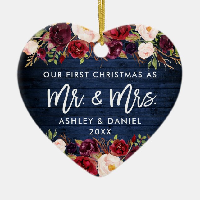 Décoration En Céramique Russe Bourgogne Floral Premier Noël bleu (Devant)