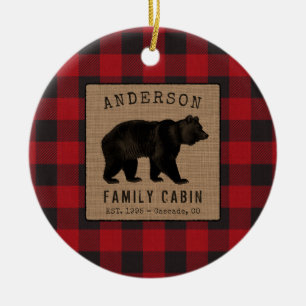 Décoration En Céramique Rustic Bear Family Cabine Red Buffalo Plaid Burlap