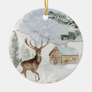 Décoration En Céramique Rustic Mountain Cabine Forest Aquarelle Noël